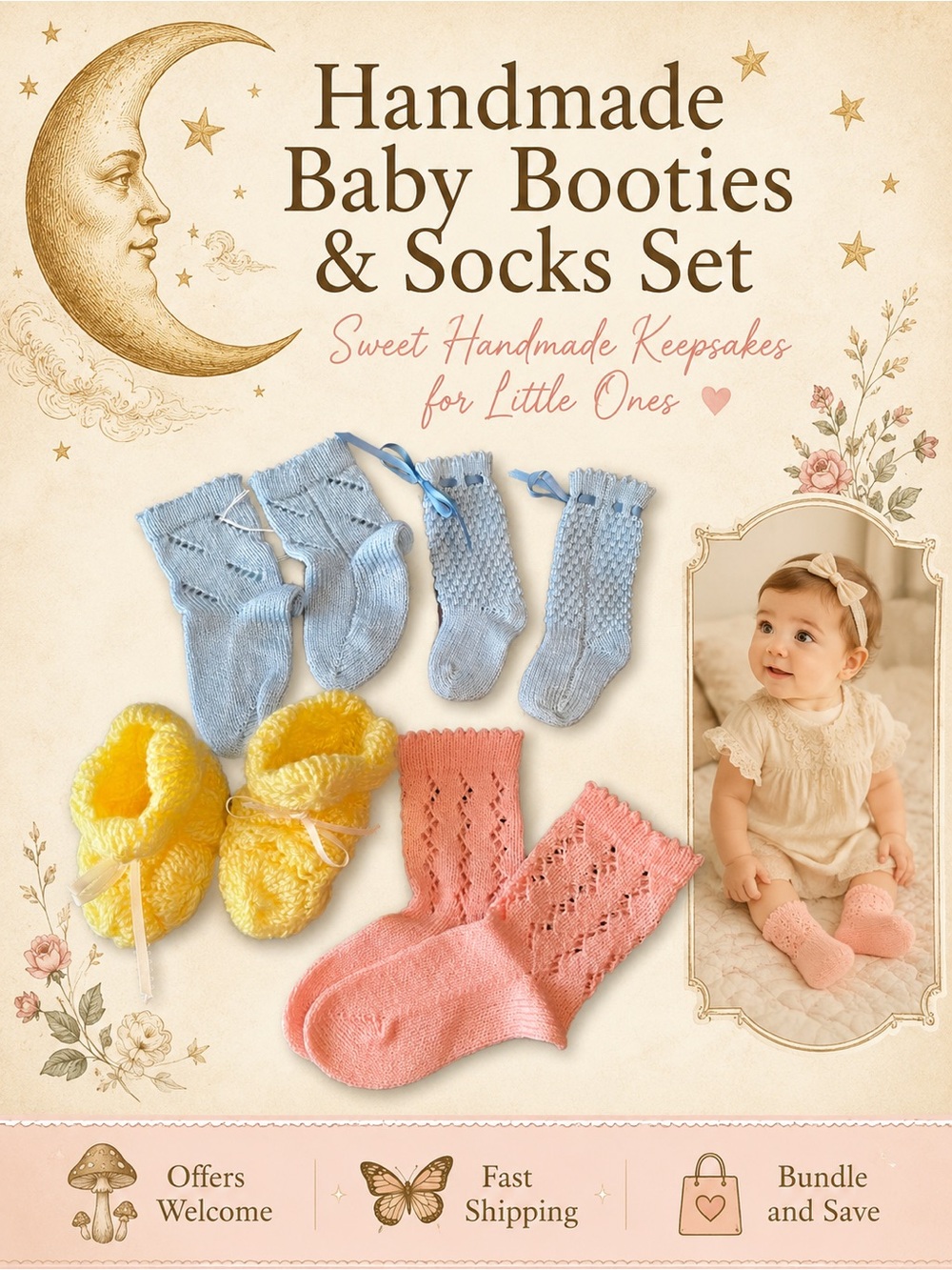 Handmade Knit & Crochet Baby Booties Socks Gift Set 4 Pairs